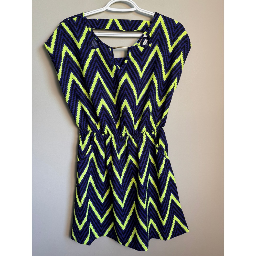 Charlotte Russe Chevron Zig Zag Mini Dress Small Neon Yellow Purple Retro Party